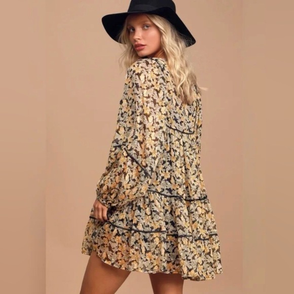 Free People Free Swinging ruffled long sleeve Mini Dress in Black and Cream - Picture 2 of 8